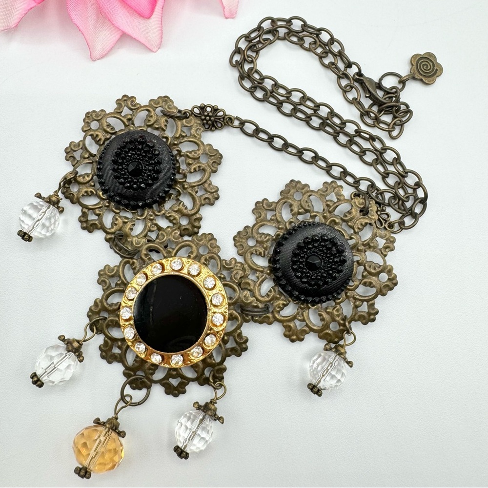 Handmade Steampunk Antique Revival Bib Necklace Buttons Glass Dangle Beads Goth